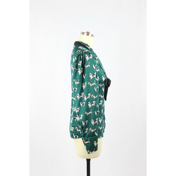 ZARA Green Dog Print Satin Oversized Collared V-Neck Tie Blouse, Size S - Picture 2 of 14
